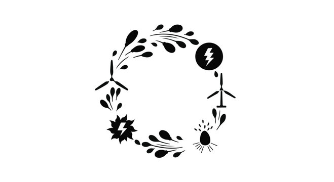 Renewable energy cycle with wind turbines and lightning bolt symbol