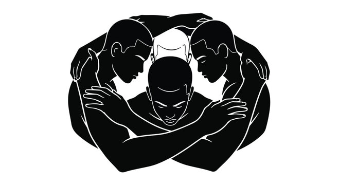 Diverse men embracing in unity, symbolizing strength and community support.