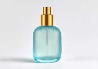 Fototapeta premium Frosted blue glass bottle with golden spray top, clear liquid inside