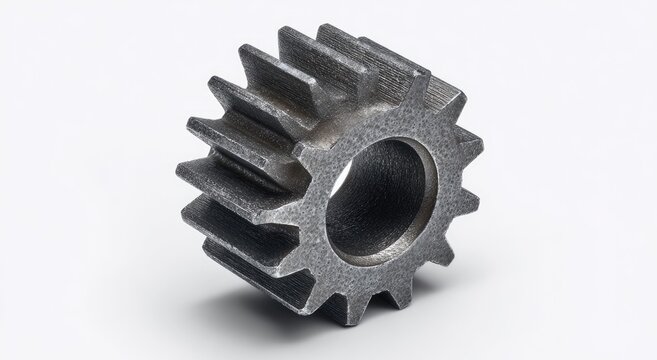 Close-up of a metallic, cogged wheel with sharp teeth against a white background