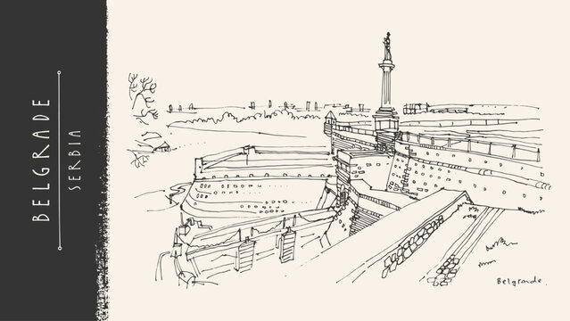 Belgrade, Kalemegdan Fortress, Viktor monument, Serbia. Pobednik statue. Old architecture on Danube river. Cityscape view travel postcard. Medieval citadel, landmark. Hand-drawn vintage vector sketch