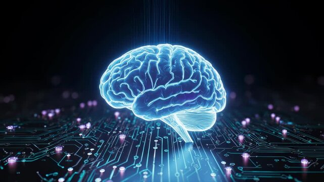 A hologram brain that glows above the circuit board and computing unit. Motion image of generative AI and machine learning. 3D rendered.