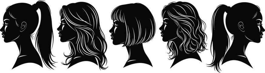 women hairstyle silhouettes, female profile collection, hair style variations, beauty salon concept, black silhouette illustration, modern haircut designs, fashion hair © MstLaila