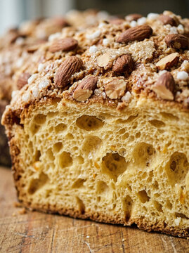 Extreme macro of traditional Easter Colomba cake with almonds and sugar pearls Close-up of Italian Easter Colomba or Panettone texture. Sliced festive bread with porous crumb, almond topping
