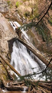 Mountain waterfall in a wild forest in early spring.