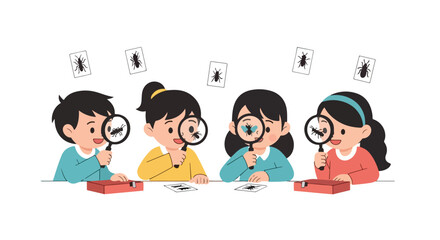 Four young children sit at a table, using magnifying glasses to carefully examine various insect illustrations during a fun science learning activity. © Coey