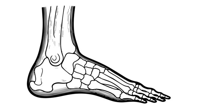 Anatomy Illustration of the Foot Skeleton, Showcasing Bones, Joints, and Muscles for Medical Study.
