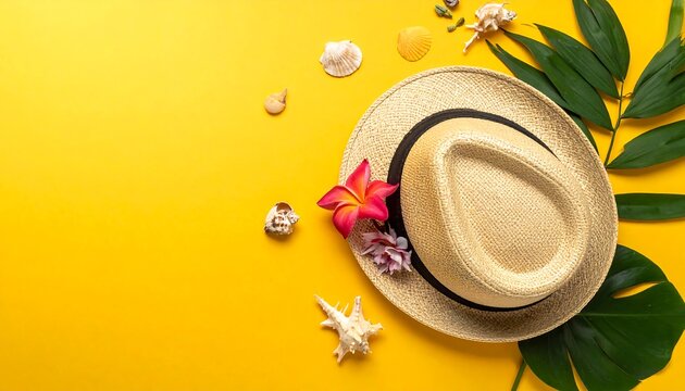 Tropical summer scene straw hat, shells, leaves, and flower on yellow