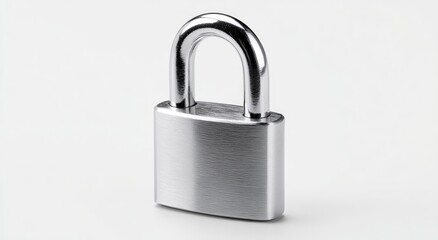 Fototapeta premium Gleaming silver padlock with a closed shackle on a stark white background