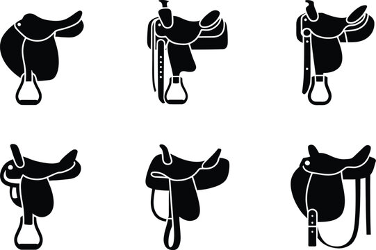 Six Black Silhouette Western Horse Saddles With Stirrups On White western saddle cowboy saddle