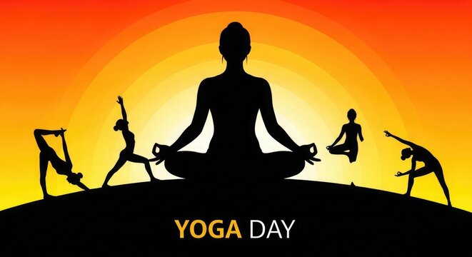 International yoga day illustration silhouettes in dynamic poses