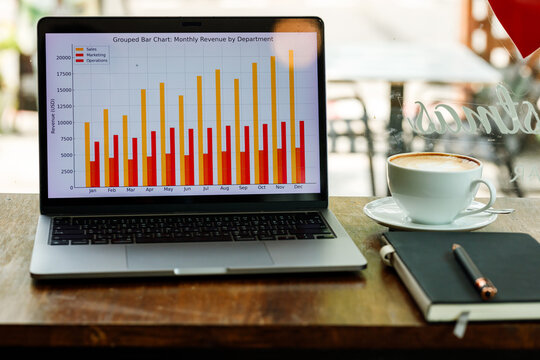 Digital nomad finalizing annual budget and investment charts at a cozy coffee shop workspace.