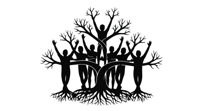Diverse group of people forming a vibrant tree of life, celebrating unity and growth