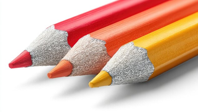 Close-up of three sharpened colored pencils in vibrant red, orange, and yellow hues