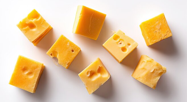 Several blocks of yellow cheese with holes and some irregular pieces
