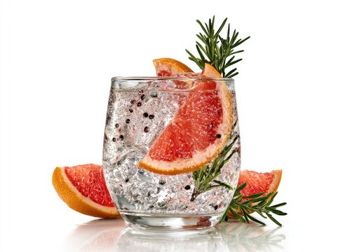Refreshing clear drink with grapefruit slices, rosemary, and peppercorns on ice
