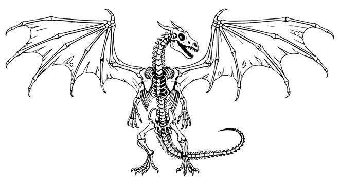 Intricate dragon skeleton illustration featuring skeletal wings and a long tail in monochrome line art.