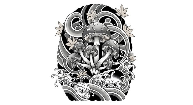 Black and White Traditional Style Mushroom and Leaf Tattoo Design