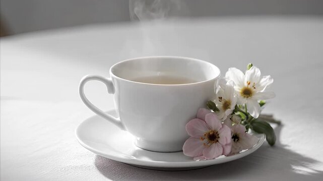 Steaming hot beverage in white teacup and saucer, adorned with delicate pink and white flowers, creating serene and inviting atmosphere on light-colored surface. Mother's Day holiday concept