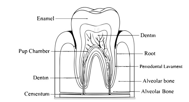 Detailed diagram of a human tooth anatomy showing enamel, dentin, pulp chamber, root structure, and surrounding alveolar bone.