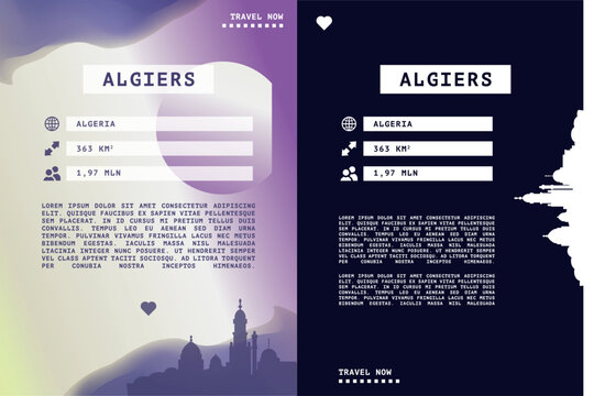 Algiers, Algeria vector infographics, brochure layout set. Guide, leaflet, flyer, placard graphic template with text, information, city skyline shape. Page, festival, cover mock up images series