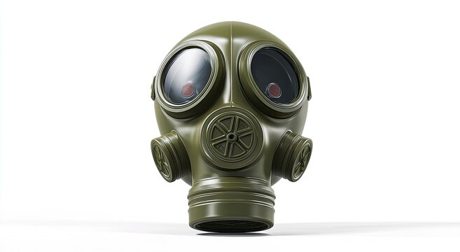 Olive drab military gas mask with large eye lenses and circular filter housing