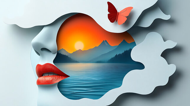 Surreal Landscape Inside Womans Face Silhouette with Butterflies.