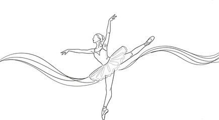 Elegant continuous line art drawing of a ballerina dancer in a tutu performing a leap with decorative flowing ribbons representing grace classical dance and athletic beauty. © NUR