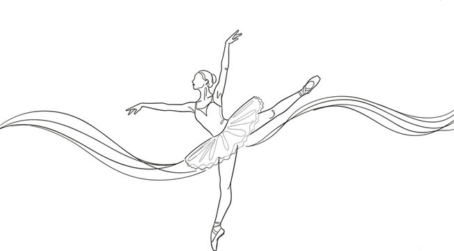 Elegant continuous line art drawing of a ballerina dancer in a tutu performing a leap with decorative flowing ribbons representing grace classical dance and athletic beauty.