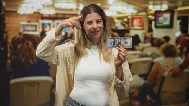 Woman holds a hundred dollar banknote with right hand, makes finger to temple salute while smiling and standing before a seated audience in building; confidence ambition.