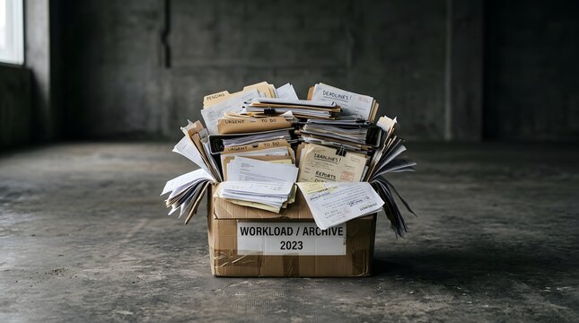 Overfilled cardboard archive box containing messy paperwork stacks folders labeled workload documents 2023 resting on concrete floor inside dark industrial warehouse space storage room environment.