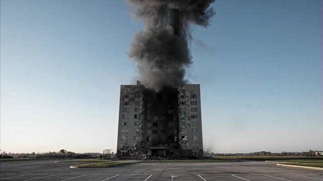 Tall building engulfed in heavy black smoke plume after destructive explosion under clear blue sky, showing significant structural damage and debris