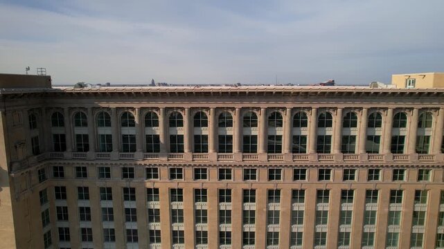 Historic Michigan Central Station building aerial descent in Detroit.