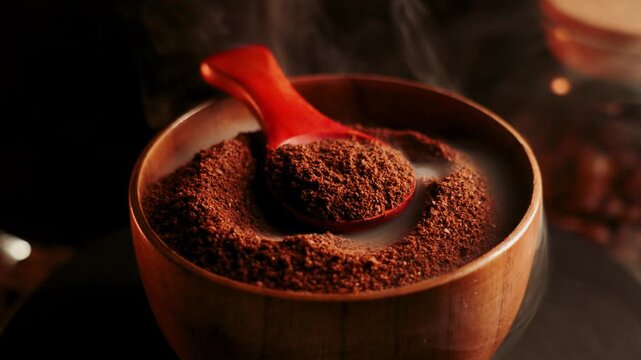Ground coffee preparation with wooden spoon in a cozy setting