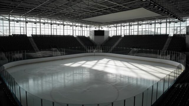 Spacious empty indoor ice hockey stadium interior panorama with sunlight patterns illuminating frozen rink surface. Rows of dark spectator seats line walls of modern sports arena, waiting for future e