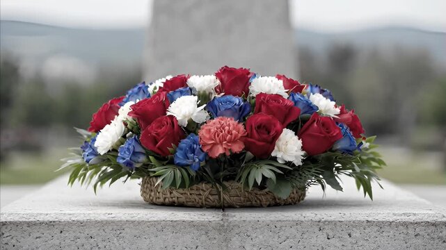 Vibrant red white and blue floral arrangement in woven basket, roses and carnations with green foliage, placed on stone monument at outdoor cemetery, national remembrance tribute Memorial Day concept