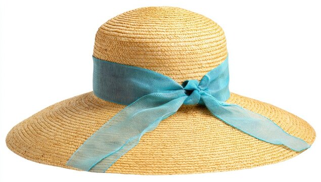 Elegant straw sun hat with wide brim and a delicate blue ribbon bow