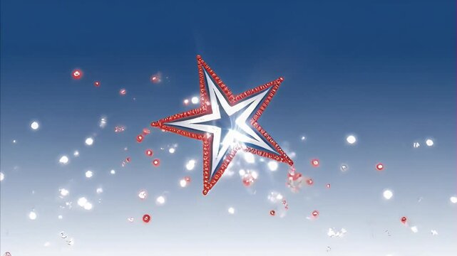 A sparkling patriotic star composed of red, white, and blue particles radiates light against a gradient blue sky, symbolizing national pride and celebration of freedom. Memorial Day concept