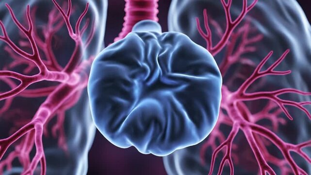 Visual representation of the lungs showing a breathing cycle with blood vessels and an inflatable structure