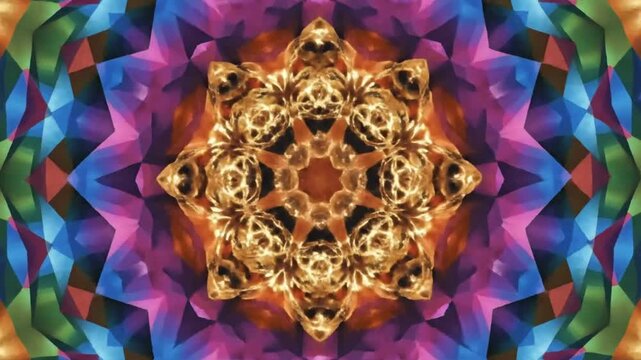 Mesmerizing psychedelic kaleidoscope art visuals with changing colorful patterns in continuous motion