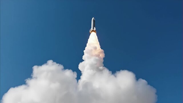 Powerful rocket launch against clear blue sky, fiery exhaust plume propelling massive vehicle upwards, generating thick white smoke clouds below.