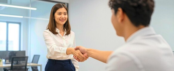 Obraz premium Two Individuals Engaged In Handshake Within Office Environment Person On Left To Woman With Shoulder Length Straight Hair Wearing Professional Attire Consisting Of