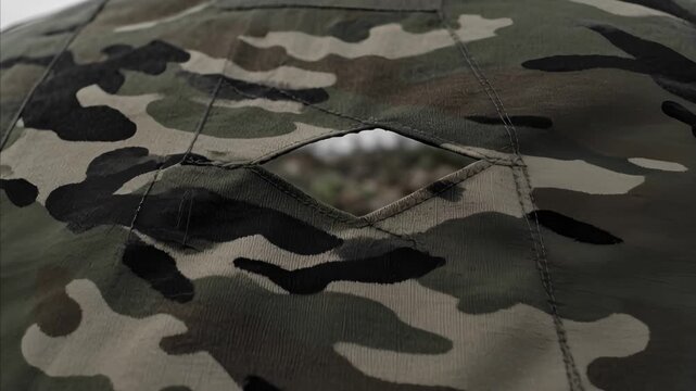 Camouflage fabric detail with diamond-shaped opening revealing blurred outdoor environment, military or hunting concept, tactical concealment material close-up with nature background, observer viewpoi