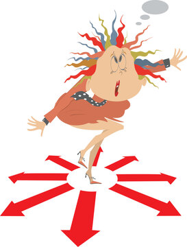 Confused thinking person how to choose the right direction. Pensive businesswoman holds papers and stays surrounded by arrow symbols