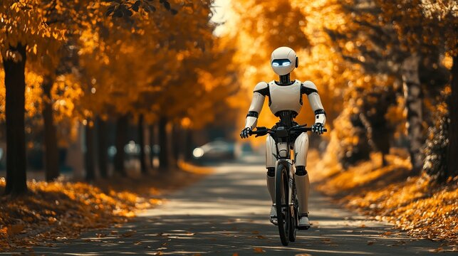A futuristic robot rides a bicycle down a scenic autumn road surrounded by vibrant orange trees.