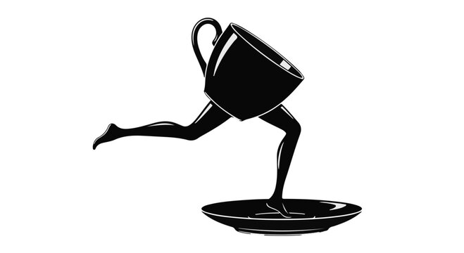 Whimsical black teacup with human legs in motion on a saucer, symbolizing speed and energy.
