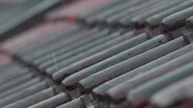 Rainy Weather, Raindrops Falling on Rooftop Tiles, Close-Up