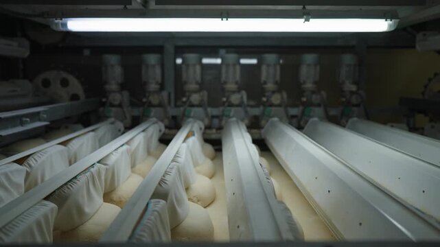 Rows of raw bread dough in molds on an automated bakery production line, industrial food processing before baking.