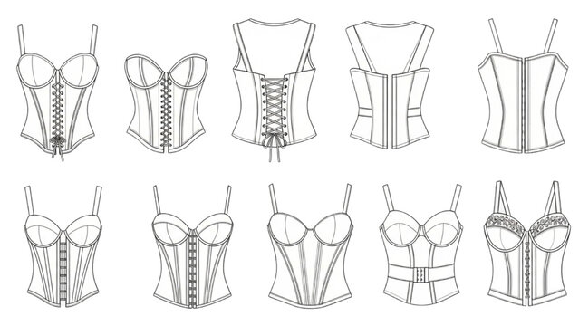 Various vector CAD designs of corsets and bustiers are shown