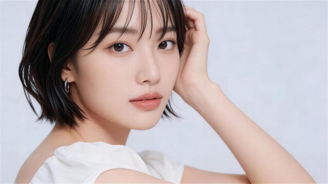 手を髪に添えて見つめる美しい肌の若い女性